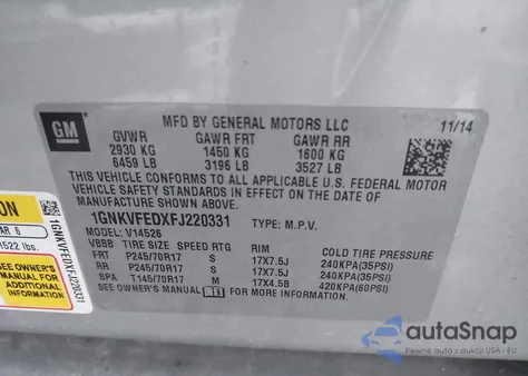 2015 Chevrolet Traverse Ls из США, поврежденный, VIN 1GNKVFEDXFJ220331